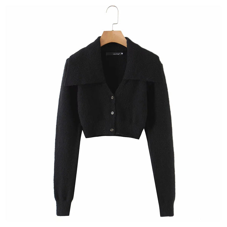 Vintage Strickjacke 7158 mit großem Revers, hoher Taille und kurzen Ärmeln