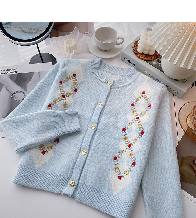 Vintage Pullover Cardigan 6078 mit floralem Kontrast und Rundhalsausschnitt
