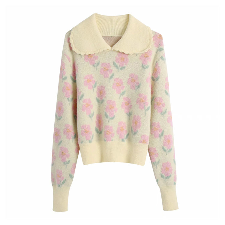 Round Lapel printed sweater baby collar sweater  7167