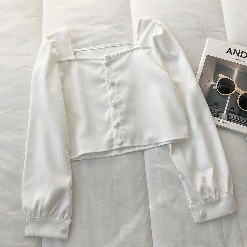 Solid color square neck long sleeve shirt cardigan  6252