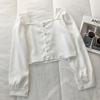 Solid color square neck long sleeve shirt cardigan  6252