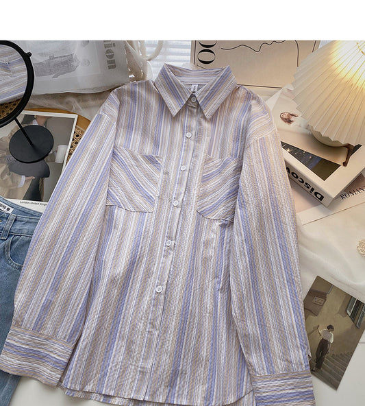 Chemise à rayures coupe-vent décontractée, haut cardigan ample à manches longues 6424