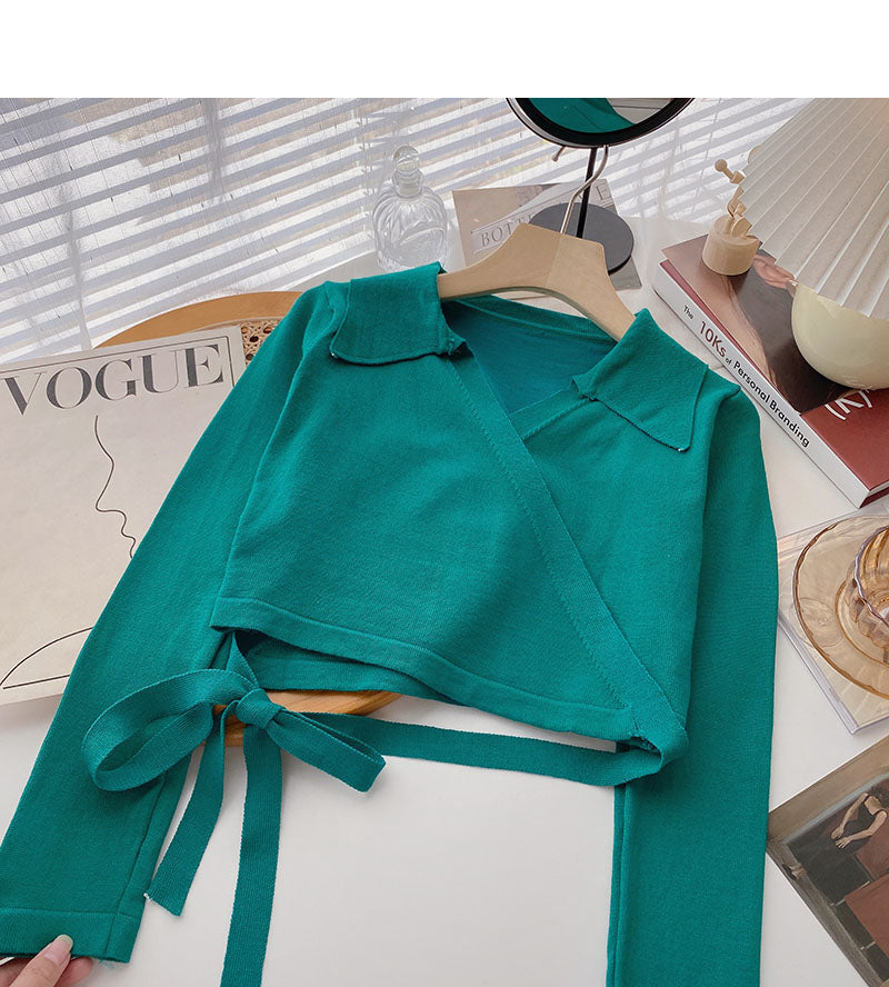 Niche design cross Lapel strap short sweater  6478