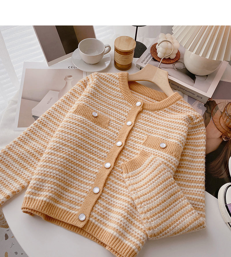 Single breasted crew neck Vintage stripe sweater  6202