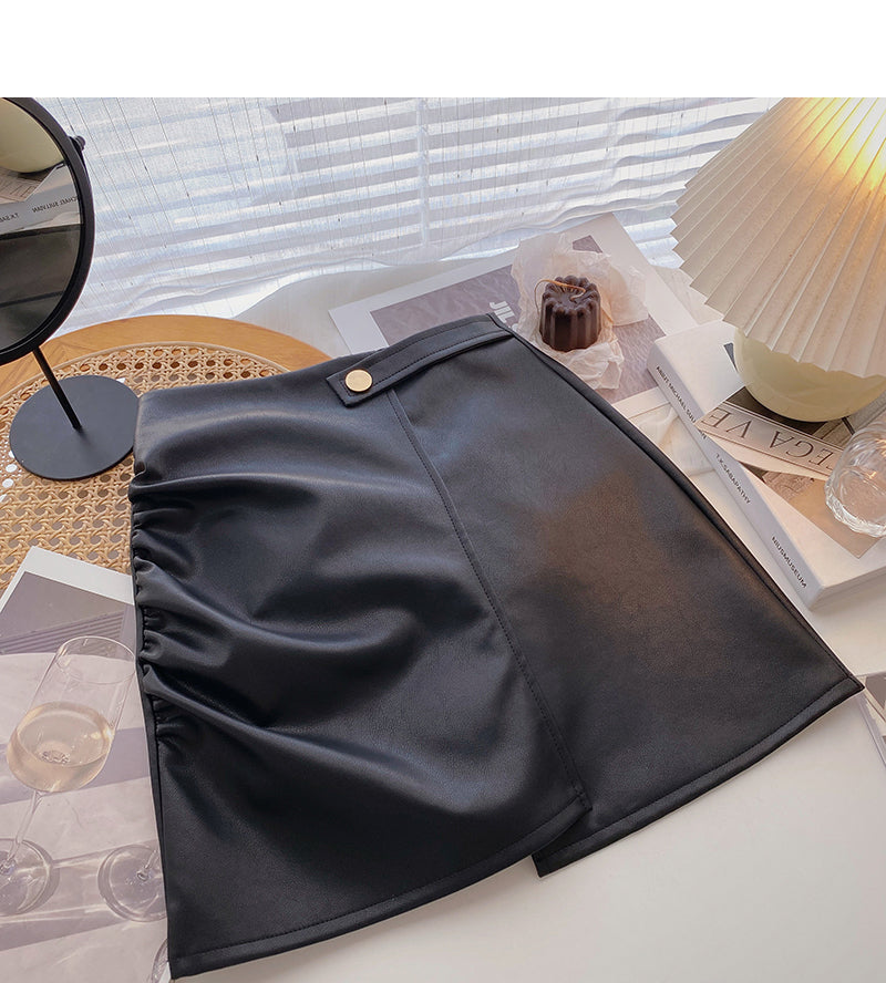 Koreanischer zerknitterter Hip Wrap unregelmäßiger dünner A-förmiger PU-Lederrock mit hoher Taille 5591
