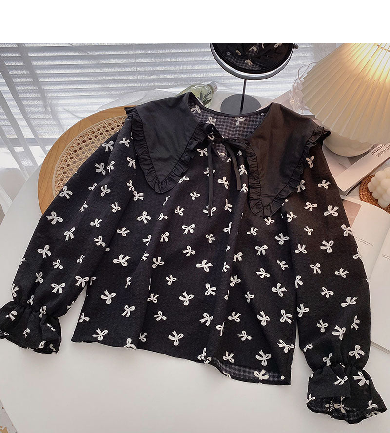 Korean minority design bow Print Long Sleeve Top  6311