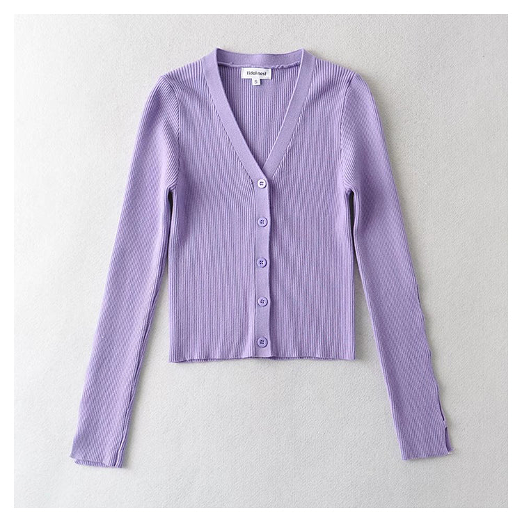 V-neck single breasted high waist open navel knitted cardigan  7385