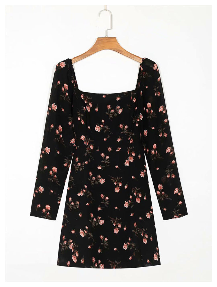 Square neck long sleeve slim waist floral print dress  7050