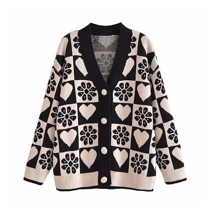 Hochwertige Jacquard-Strickjacke mit V-Ausschnitt und langen Ärmeln 7266