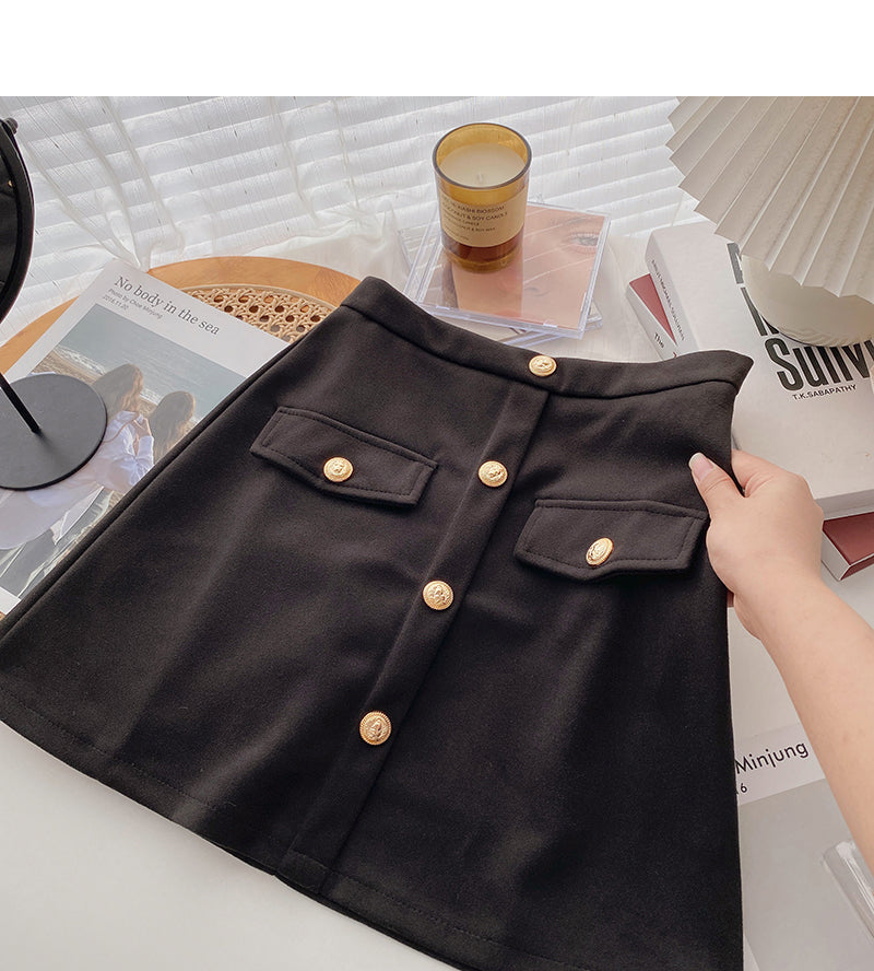 Jupe taille haute en forme de A à simple boutonnage de style rétro 5526