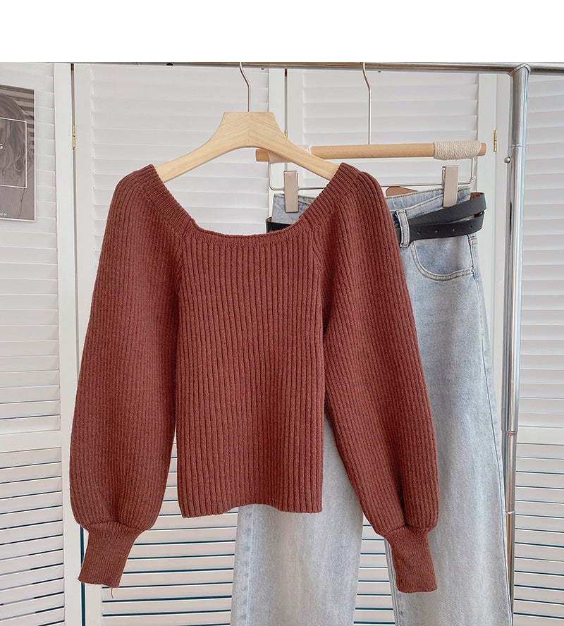 Vintage Lantern Sleeve square neck sweater looks thin and fashionable  6162
