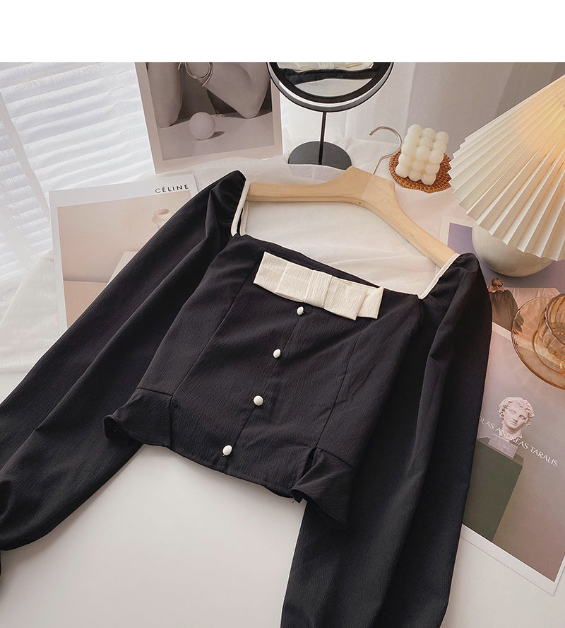 French leaky collarbone Square Neck Shirt  6415