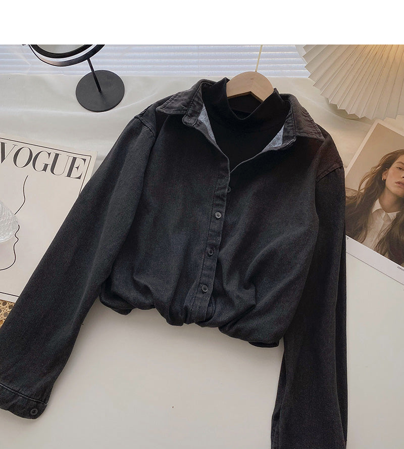 Niche design fashion stitching short Denim Long Sleeve Shirt 6330