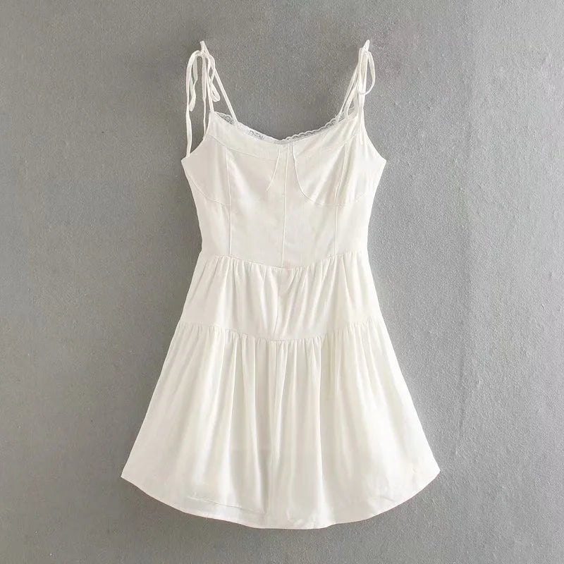 French lace lace up slim waist drawstring dress  7128