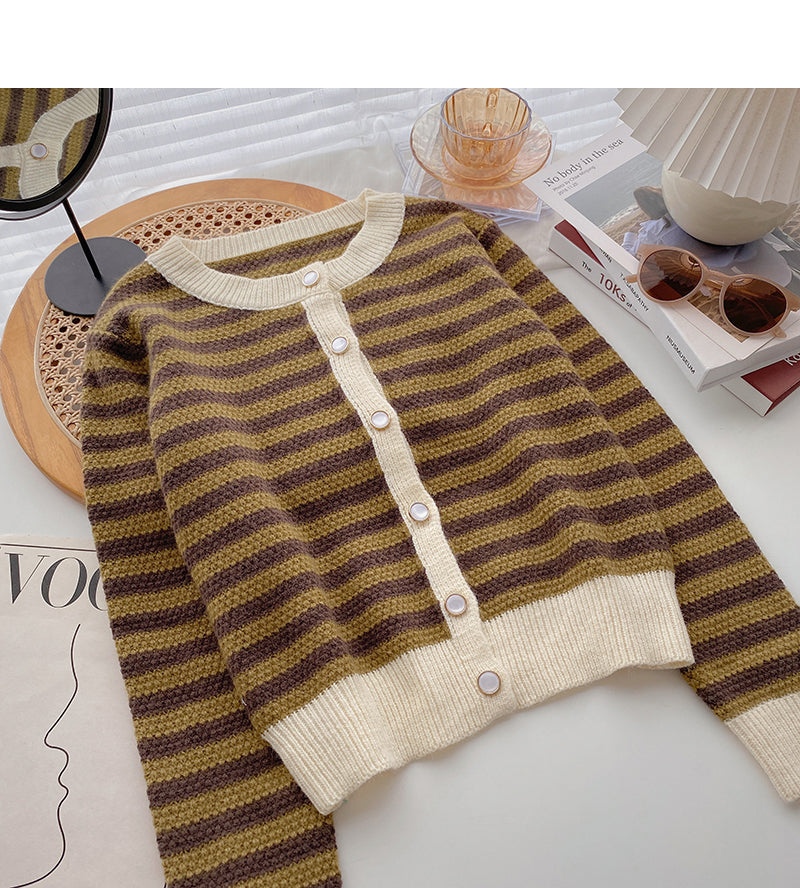 Single breasted crew neck striped sweater coat  5996