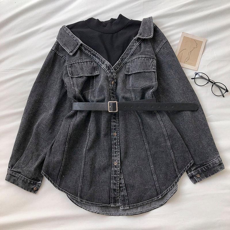 Mittellanges und langes Denim-Hemd mit Stehkragen im Hongkong-Stil, modisch genäht, 6248