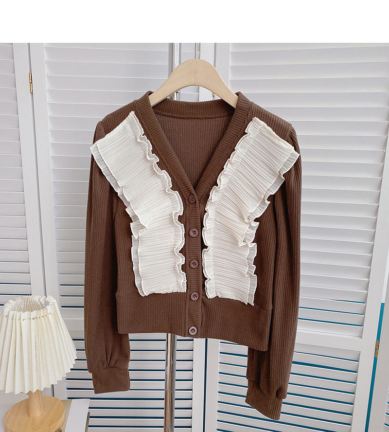 Cardigan chemise vintage à col en V en dentelle froncée 6408