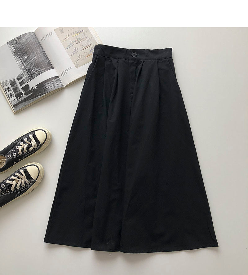 Solid Hong Kong style leisure high waist A-shaped medium and long skirt  5693