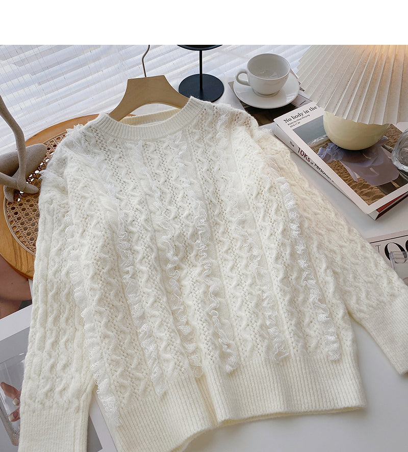 Design Sense, gewellter Spitzenpullover, lockeres, süßes Oberteil mit Rundhalsausschnitt 6088