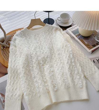 Design Sense, gewellter Spitzenpullover, lockeres, süßes Oberteil mit Rundhalsausschnitt 6088