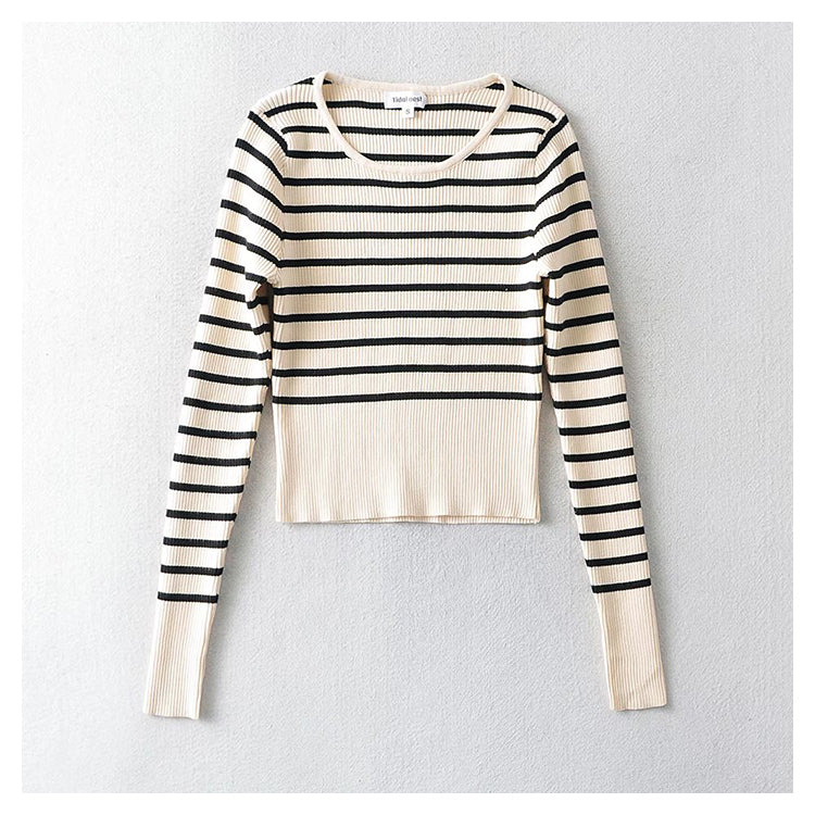 Pull rayé à manches longues et col en U pour femme 7340