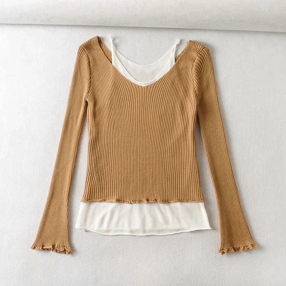 Tricot slim polyvalent à deux épaules dénudées et contraste de sens du design 7386