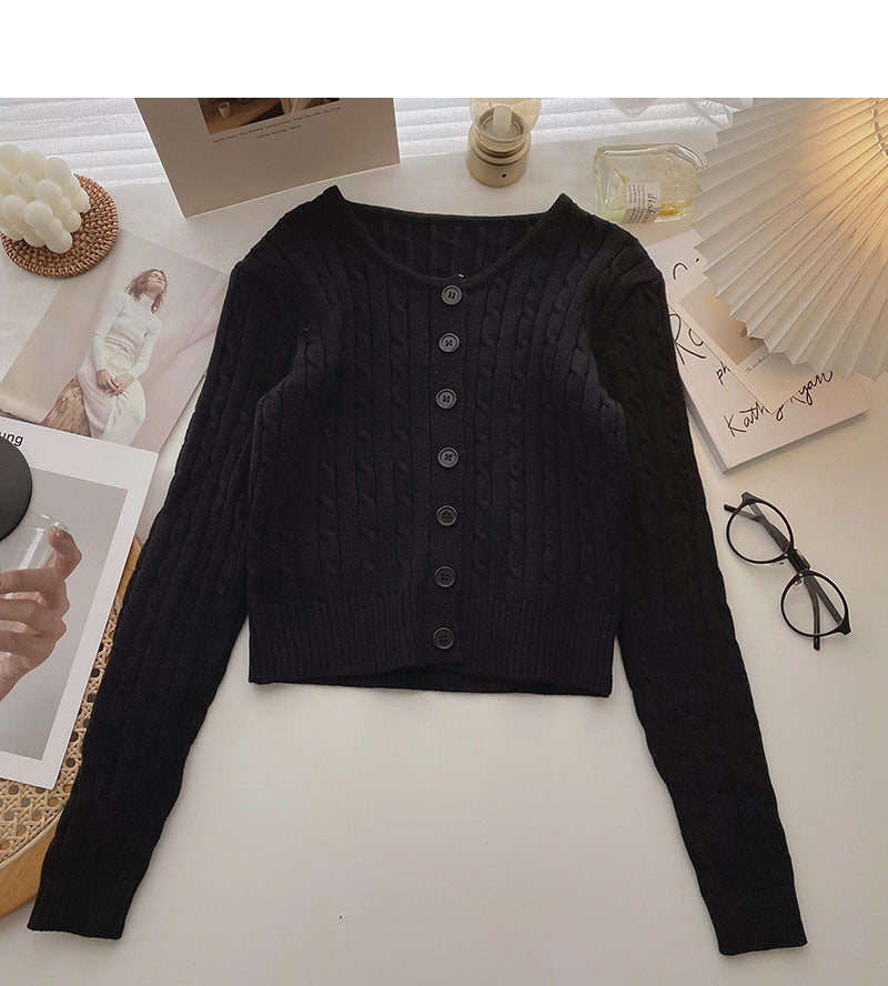 Knitted cardigan coat French retro short twist long sleeve top  6644