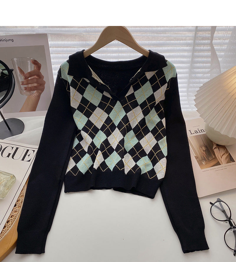 Plaid long sleeve sweater small short Pullover Top  6573