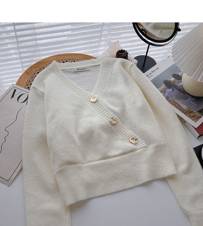Long sleeved knitted sweater retro three button V-neck slim top fashion  6152