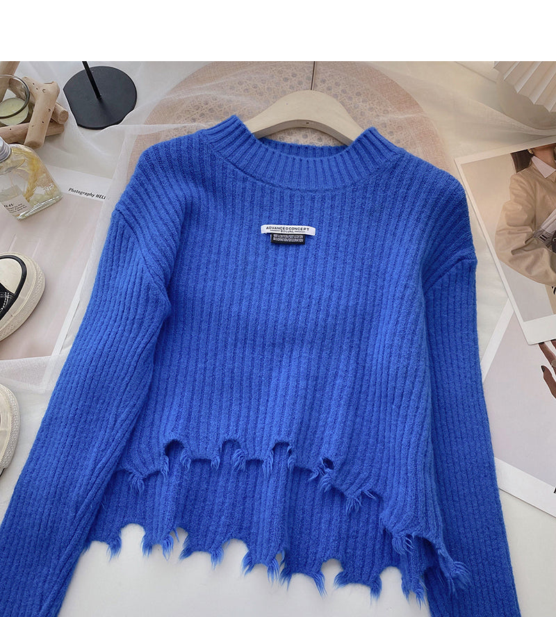 Loser vielseitiger Pullover mit Rundhalsausschnitt, unregelmäßiges kurzes Top 6183