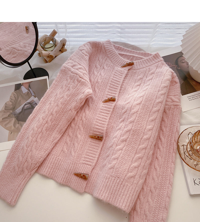 Ox horn button round neck twist sweater  6169