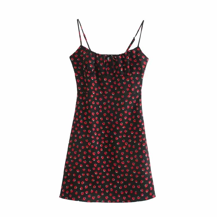 Französische Minderheit Retro Mädchen Rose gebrochene Blume dünner Hosenträgerrock mit hoher Taille 7125