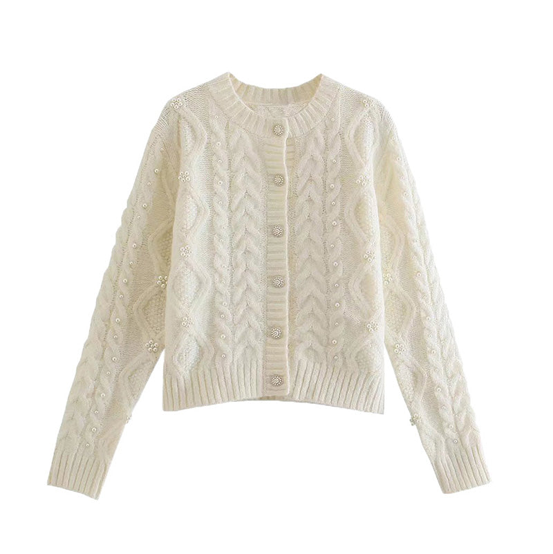 New French style pearl trim slim knit cardigan  7513