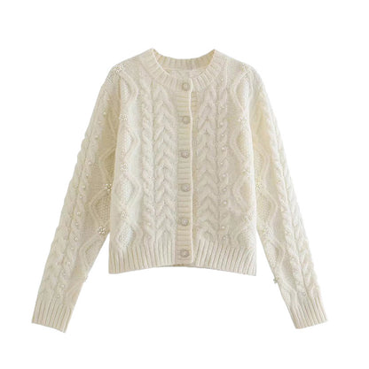New French style pearl trim slim knit cardigan  7513