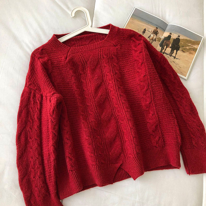 Neuer koreanischer, schmaler, lockerer, kleiner Split-Twist-Pullover 5846