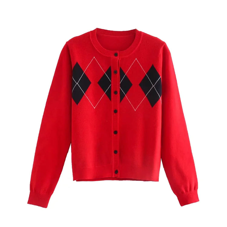Slim Cardigan 7424 aus Jacquard mit Vintage-Rundhalsausschnitt in Kontrastfarbe