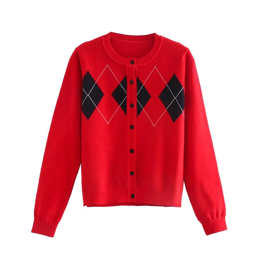 Cardigan vintage en maille fine jacquard à losanges contrastés à col ras du cou 7424