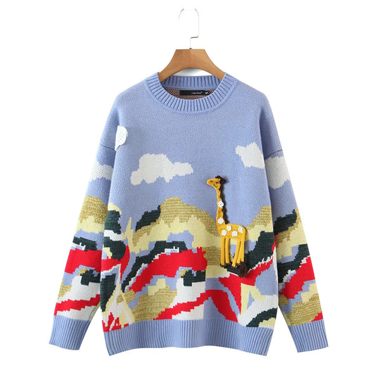 Hand Crocheted small animal jacquard round neck Pullover knitted sweater  7497