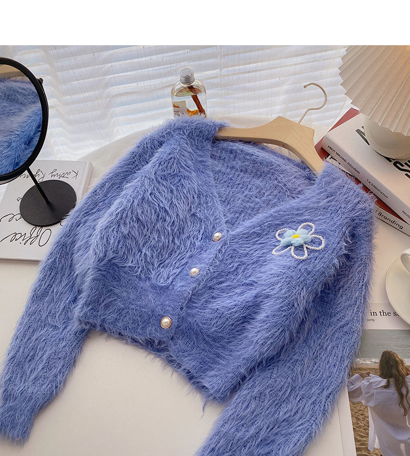 Süßer Cardigan 6019 mit V-Ausschnitt und Blumenstickerei im ausländischen Stil