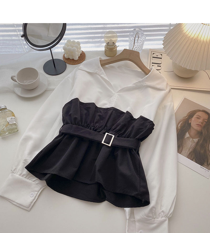 Korean long sleeve waistband design color matching top with belt  6284