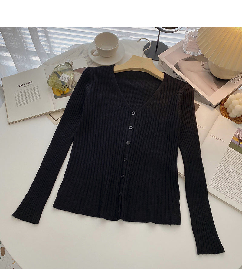 Knit cardigan slim slim V-Neck long sleeve top  6514