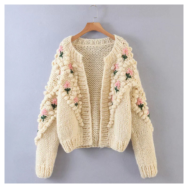 Cardigan à manches lanternes tissé à crochets à fleurs tridimensionnelles, manteau pull 7320