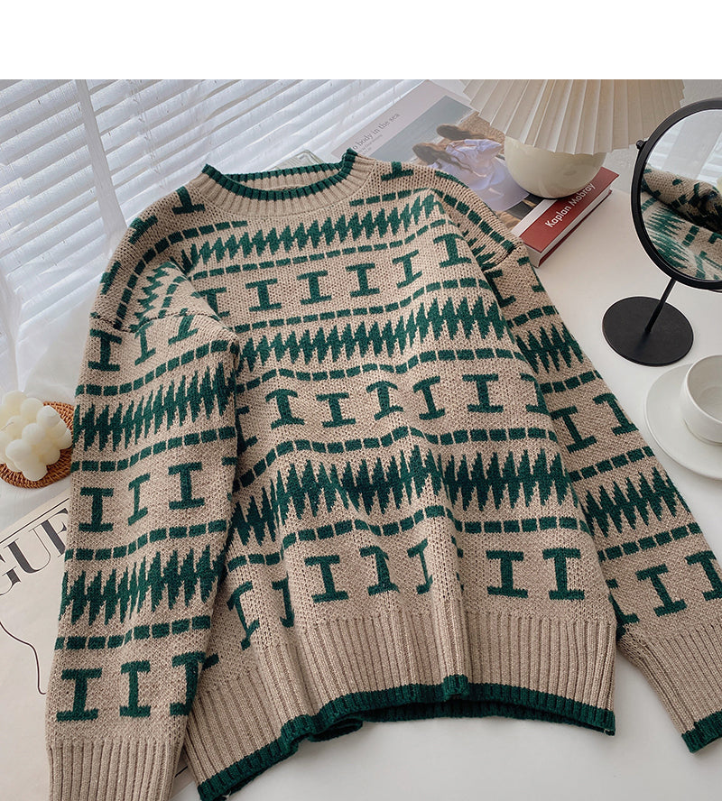 Lazy Hong Kong retro contrast color round neck long sleeve loose top  5963