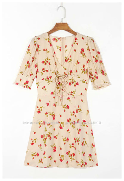 French minority V-neck retro fresh floral dress  7022