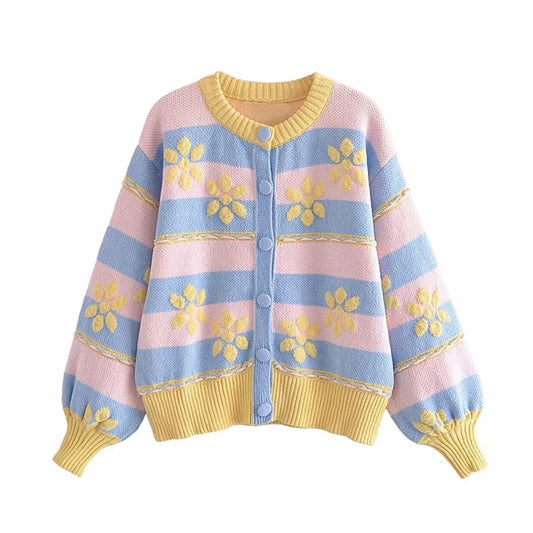 Cardigan en tricot jacquard imprimé de fleurs douces 7302
