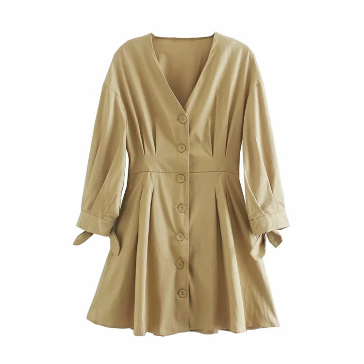 Robe à manches longues et col en V pour femme de style européen et américain avec ceinture 7103