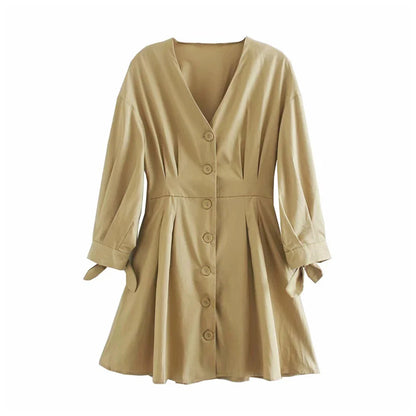 Robe à manches longues et col en V pour femme de style européen et américain avec ceinture 7103