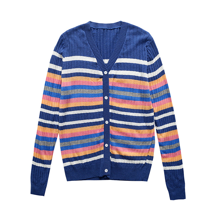 Nouveau cardigan tricoté à col en V à rayures colorées 7291