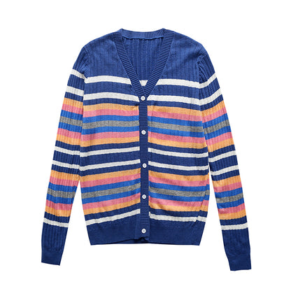 Nouveau cardigan tricoté à col en V à rayures colorées 7291