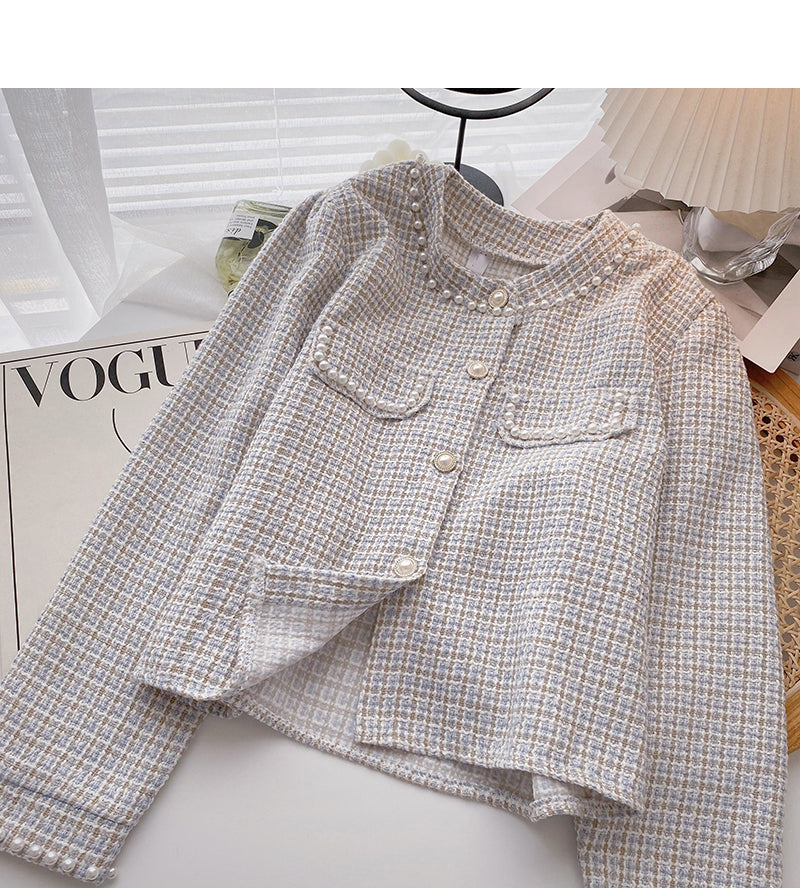 Vintage pearl button long sleeve plaid coat  6215